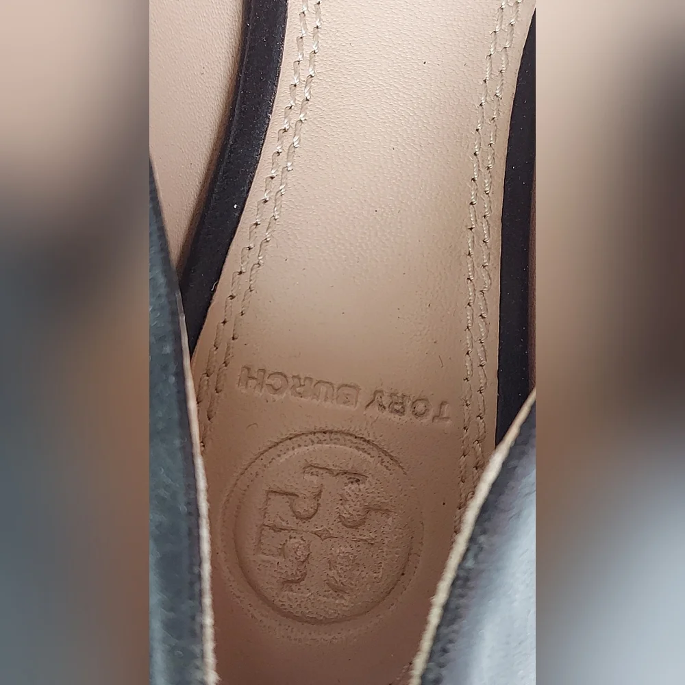 Tory Burch Black Leather Ballet Flats with Gold Logo Accent
